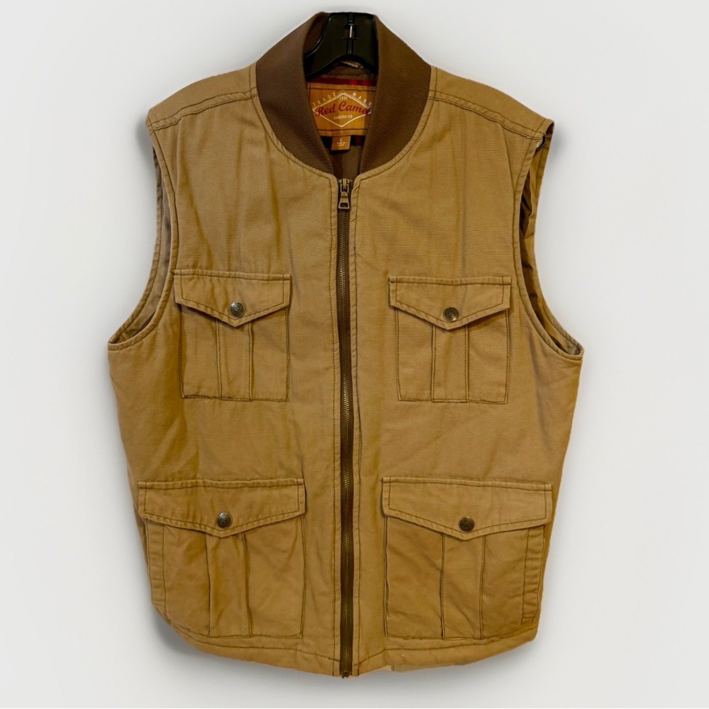 VTG Red Camel Mens Vest Size L Tan Full Zip Lined Pockets Zip Close Heavy Canvas